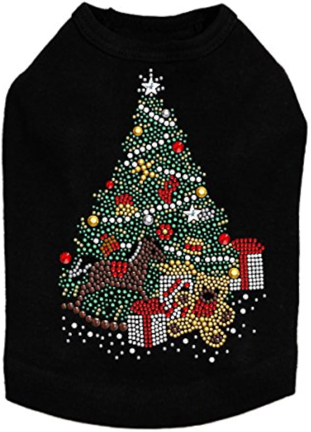 Christmas Tree #2 with Teddy Bear - Bling Rhinestone Christmas Dog Shirt, L Black