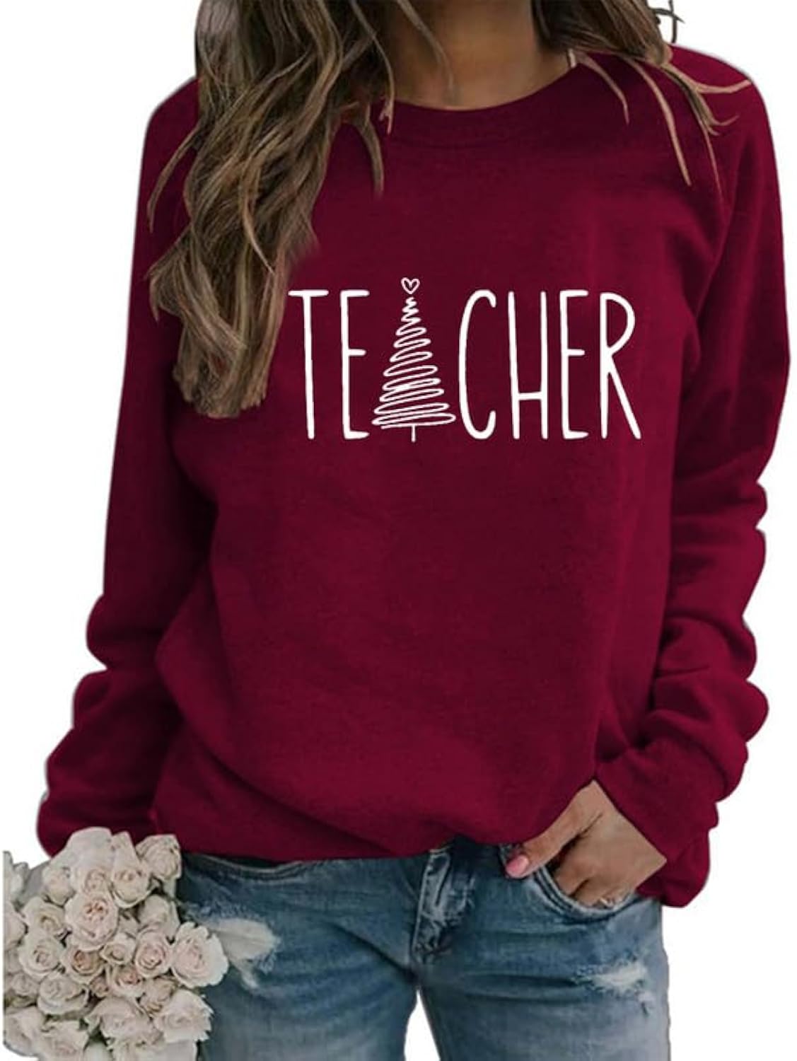 Women Teacher Cute Tree Graphic Christmas Sweatshirt, Holiday Teacher Shirt, Merry Teacher Crewneck Pullover Tops