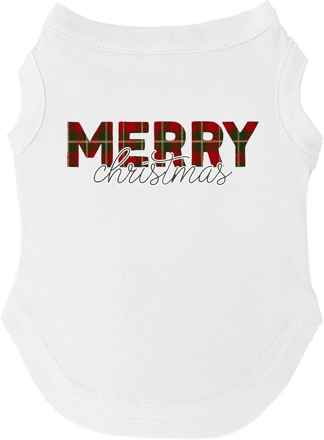 Merry Christmas Dog Tee Shirt | Sleeveless Breeds | Christmas | Holiday Season | Winter | Plaid | | Gift |White, Medium 1488