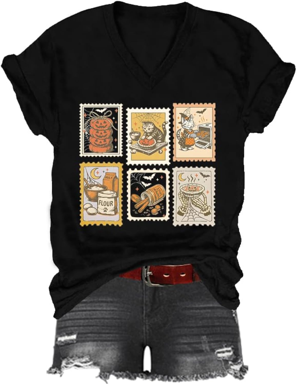 Spooky Cat Halloween T-Shirt, Halloween Cat Shirt, Classic Graphic Print Women Men V-Neck Tshirt