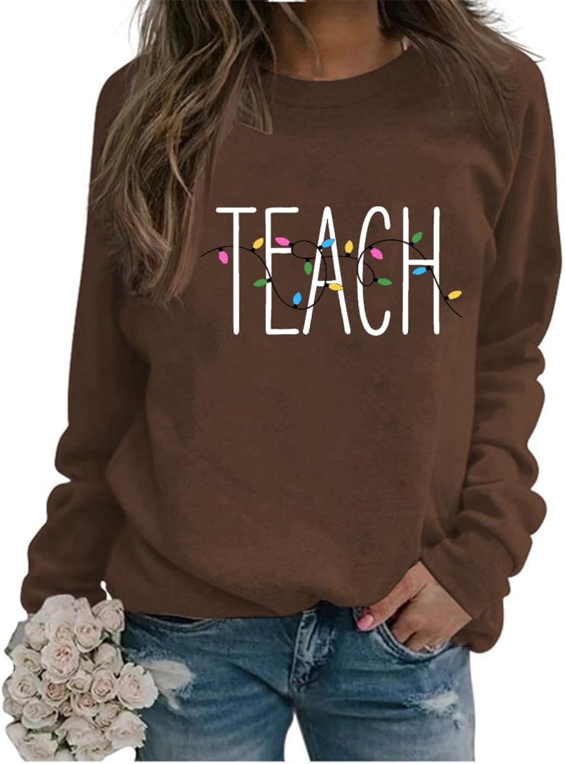 Christmas Teacher Sweatshirt Womens Colorful Christmas Lights Teach Letter Graphic Print Xmas Holiday Pullover Top