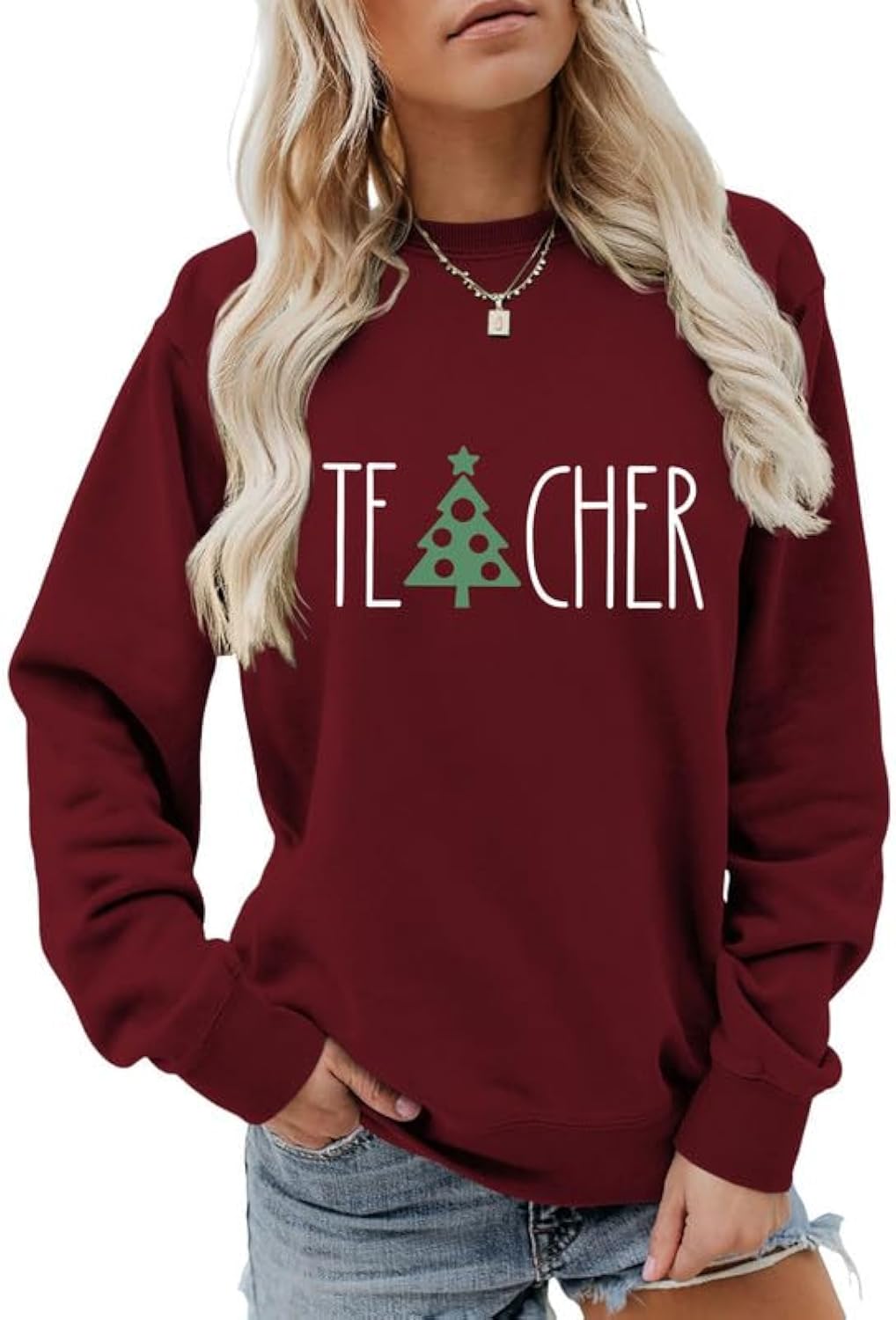 Women Christmas Sweatshirt Teacher Letter Print Long Sleeve Crew Neck Graphic Pullover Top School Teachers Gift Shirt