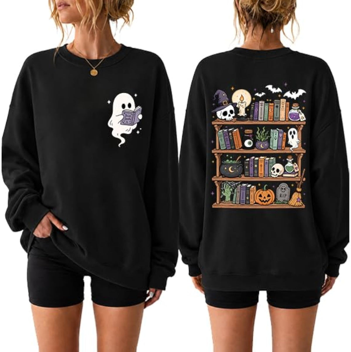 Halloween Sweatshirts Women Ghost Reading Book Sweatshirt Teacher Tee Tops