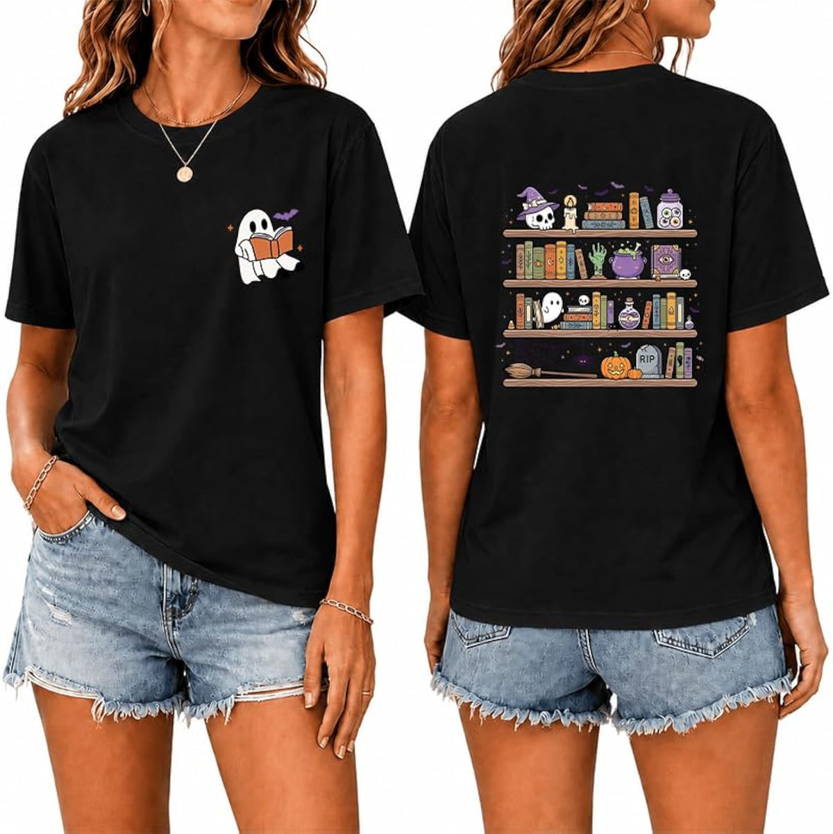 Halloween Shirts for Women Ghost Reading Book T-Shirt Teacher Tee Tops