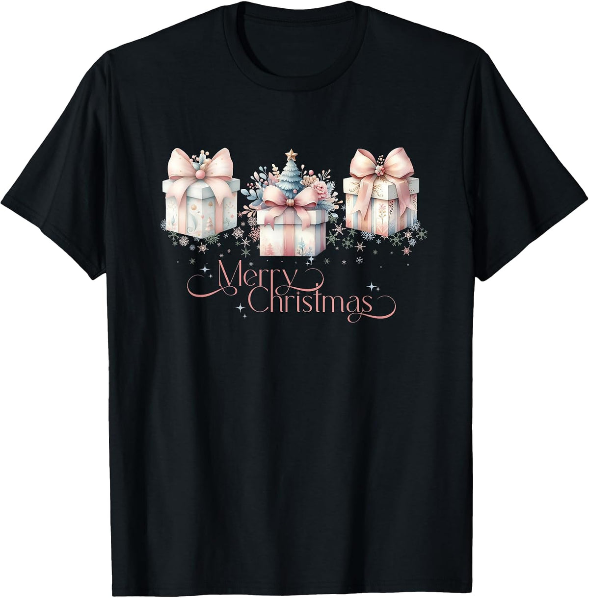 Cute Pastel Merry Christmas Pink Presents Coquette Bow T-Shirt
