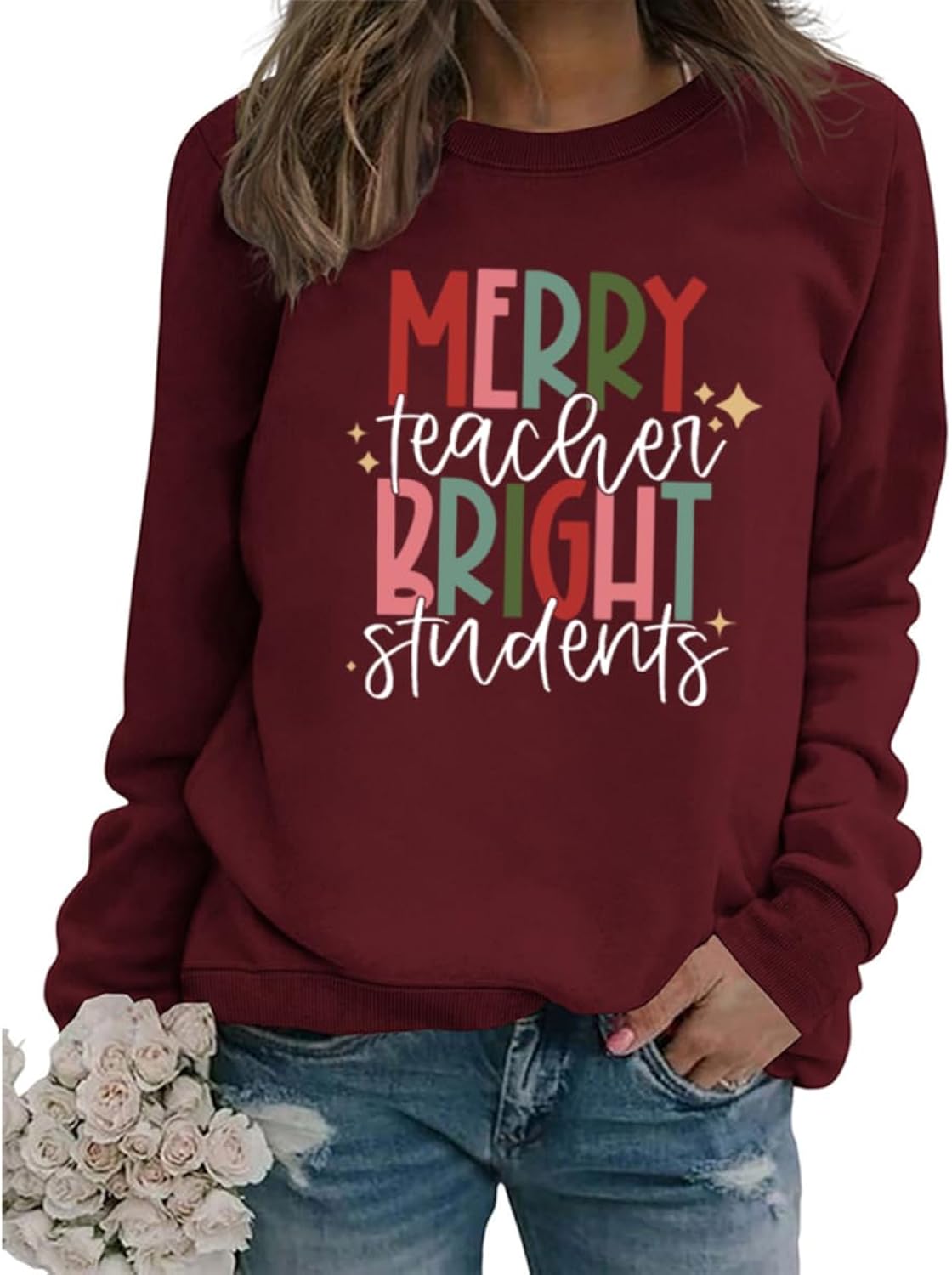 Teacher Christmas Sweatshirt Women Merry Teacher Bright Students Shirt Christmas Long Sleeve Graphic Pullover Tops