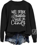 Women Funny Halloween Teacher Sweatshirt, Will Trade Students For Candy, Cute Ghost Spooky Teacher Pullover Top