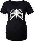 Women Maternity Halloween T-Shirt Pregnancy Announcement Tops Mommy's Little Nightmare Tee Xray Ribcage Skeleton