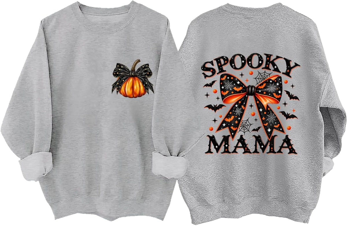 Spooky Mama Sweatshirt Funny Pumpkin Pattern Halloween Bow Mother Hoodie