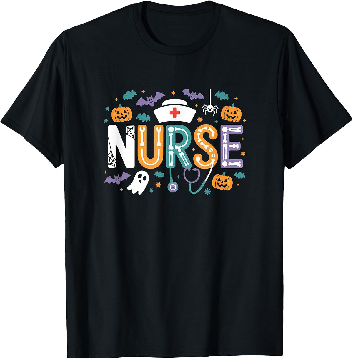 Nurse Halloween Ghost Pumpkins Bats Spider Stethoscope T-Shirt