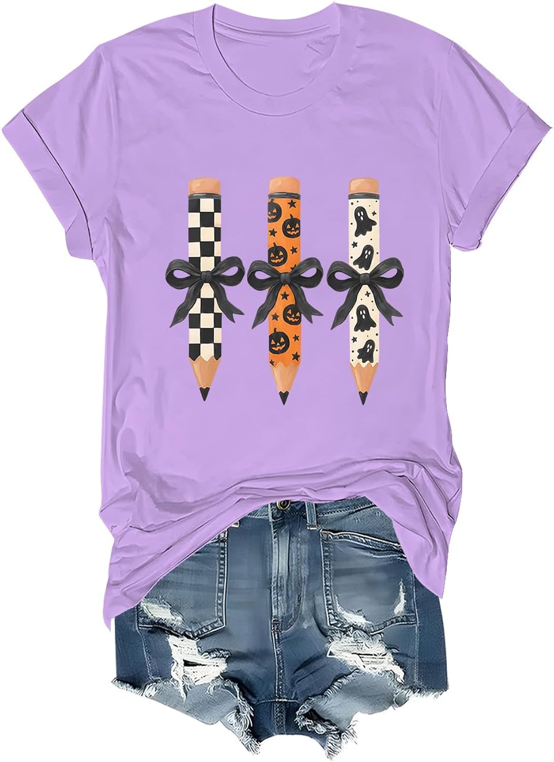 Halloween Teacher Pencil Bow Ghost Pumpkin School Life Graphic T-Shirt