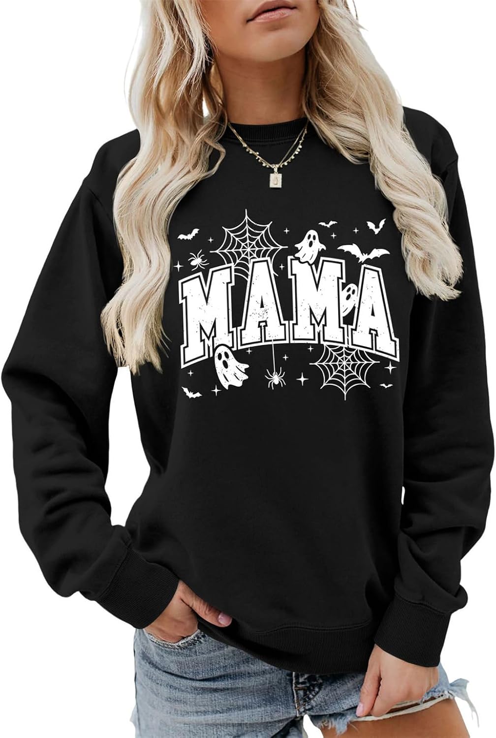 Halloween Mama Sweatshirt Funny Spooky Mom Shirt Women Crewneck Ghost Fall Pullover Tops Retro Spooky Season Sweater