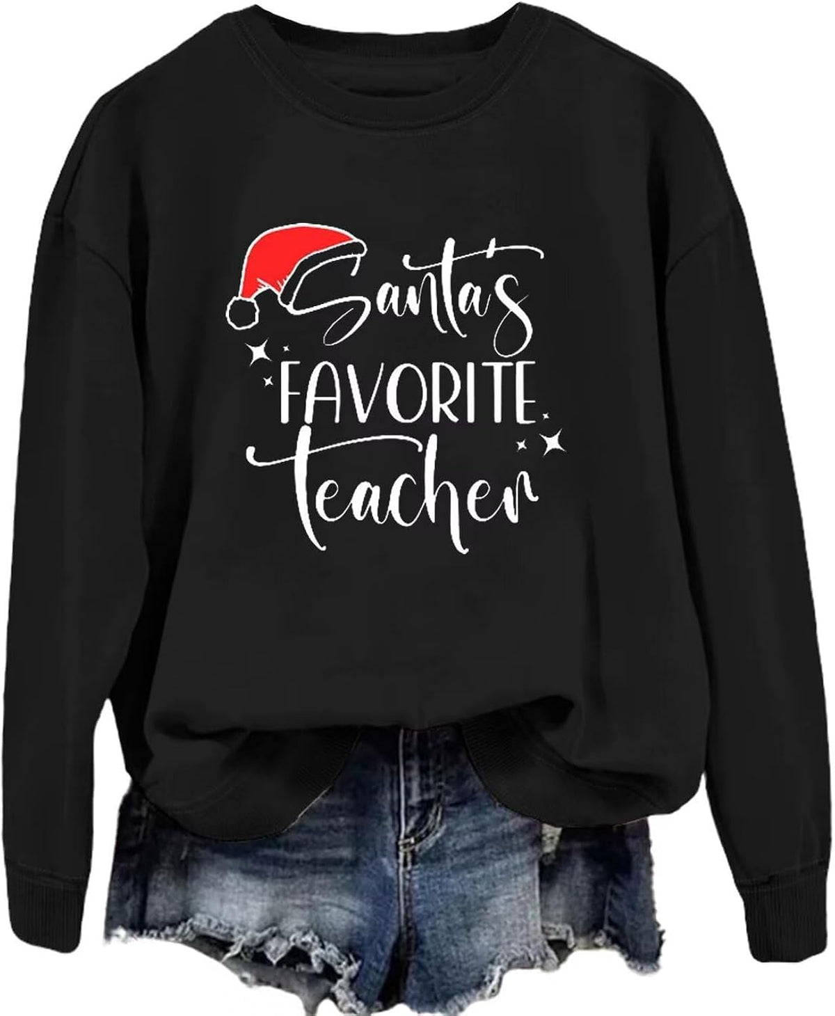 Christmas Teacher Sweatshirt Women Santa's Favorite Teacher Graphic Crewneck Shirts Cute Casual Teach Pullover Tops