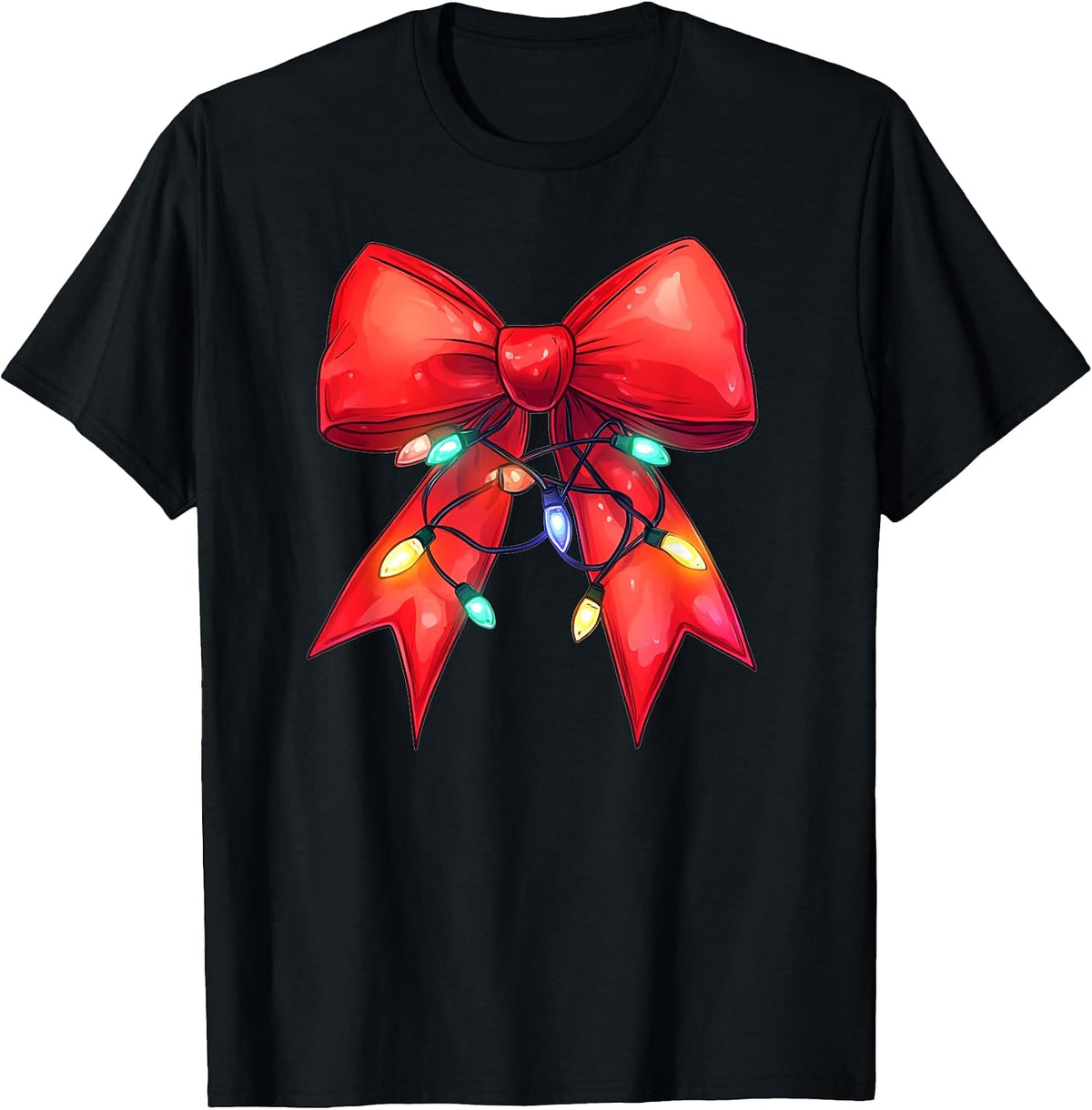 Red Bow With Christmas Light Cute Coquette Holiday T-Shirt