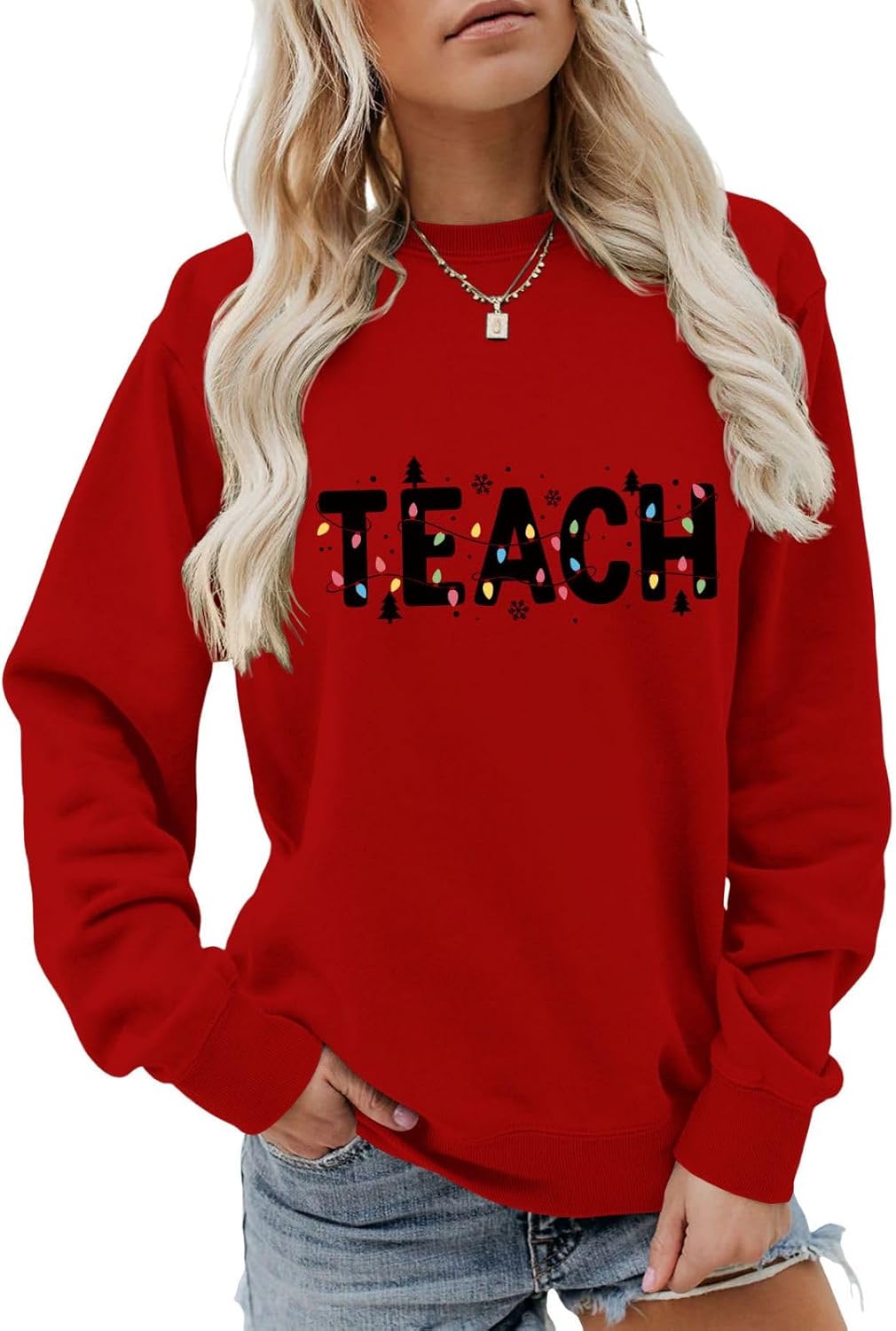 Christmas Lights Teach Shirt Teacher Christmas Sweatshirt for Women Cozy Festive Holiday Winter Crewneck Sweater
