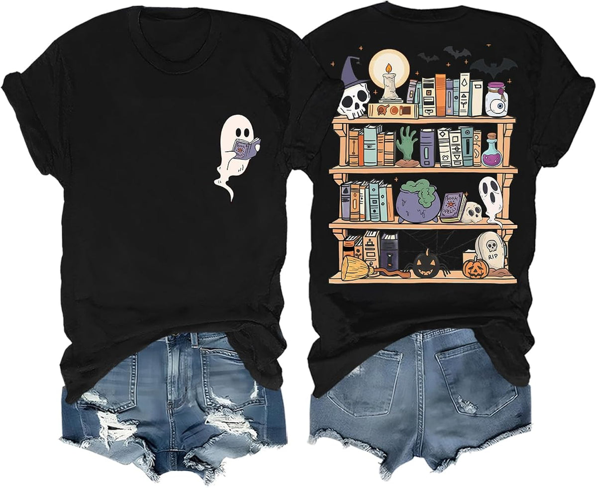 Halloween Teacher Shirts for Women Cute Ghost Reading Book Shirt