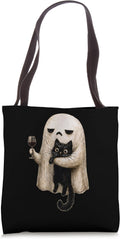 Funny Boojee Ghost Holding Black Cat Funny Halloween Wine Tote Bag