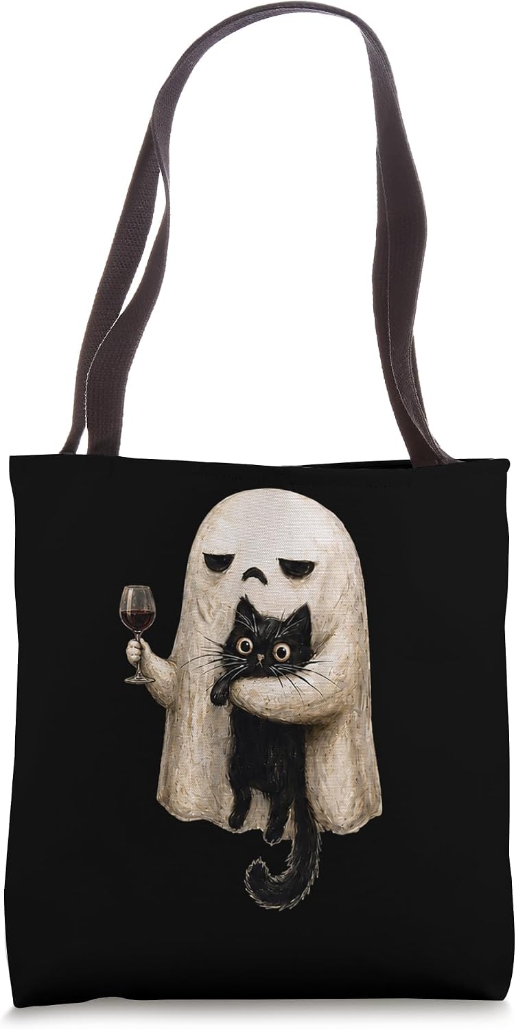 Funny Boojee Ghost Holding Black Cat Funny Halloween Wine Tote Bag