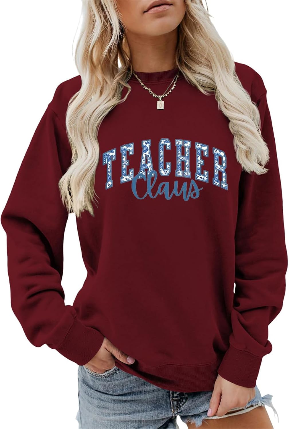 Teacher Claus Sweatshirt Womens Long Sleeve Christmas Sweatshirts Crew Neck Teacher Xmas Shirt Casual Pullover Top