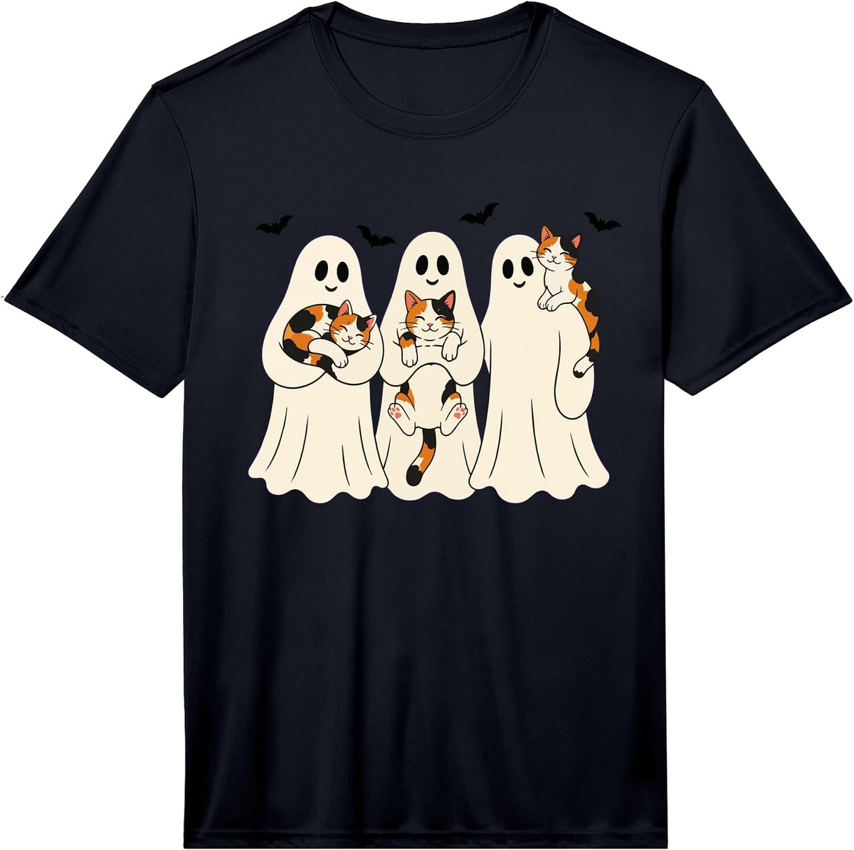 Cute Spooky Season Ghost Holding Calico Cats Funny Halloween Performance T-Shirt