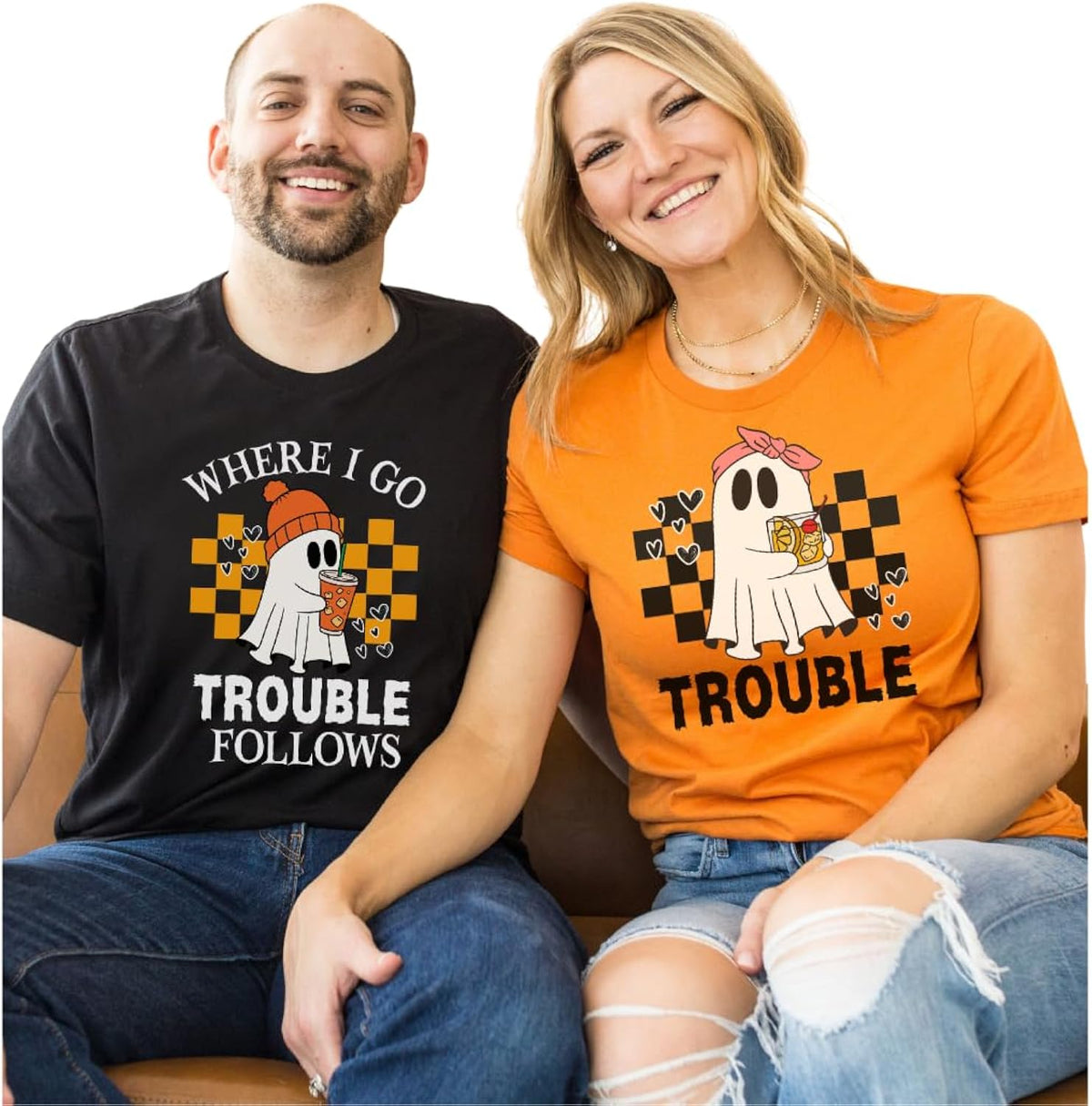 Funny Halloween Shirts for Couples, Matching Ghost & Pumpkin Graphic Tees, His & Hers Fall Outfits, Spooky Season Partner Tops, Cute Personalized Trouble Follows