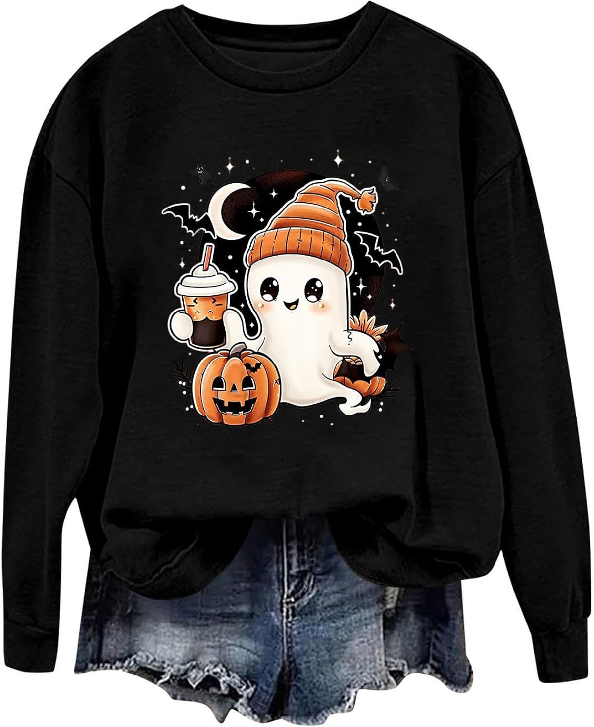 Halloween Sweatshirts for Women Coffee Ghost Spooky Tops