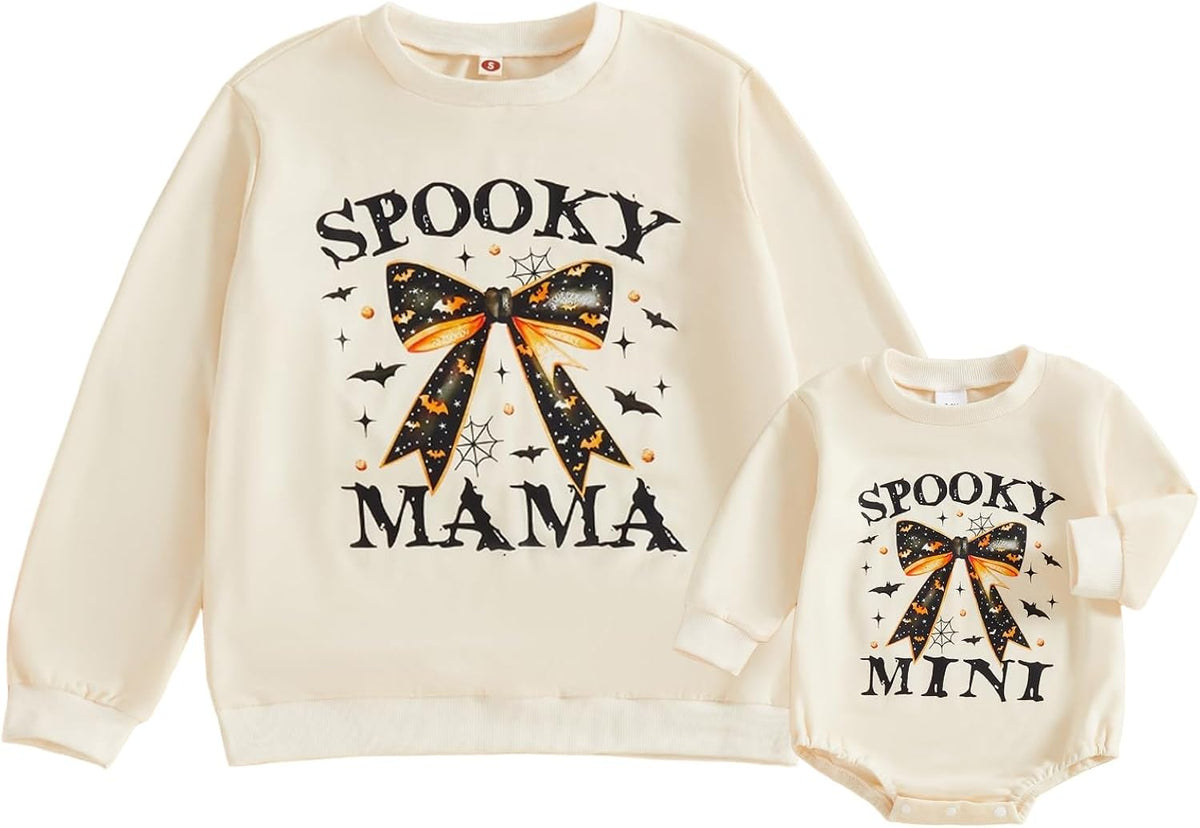 Mommy and Me Outfit Halloween Spooky Print Long Sleeve Crewneck Sweatshirts Romper Matching Fall Clothtes