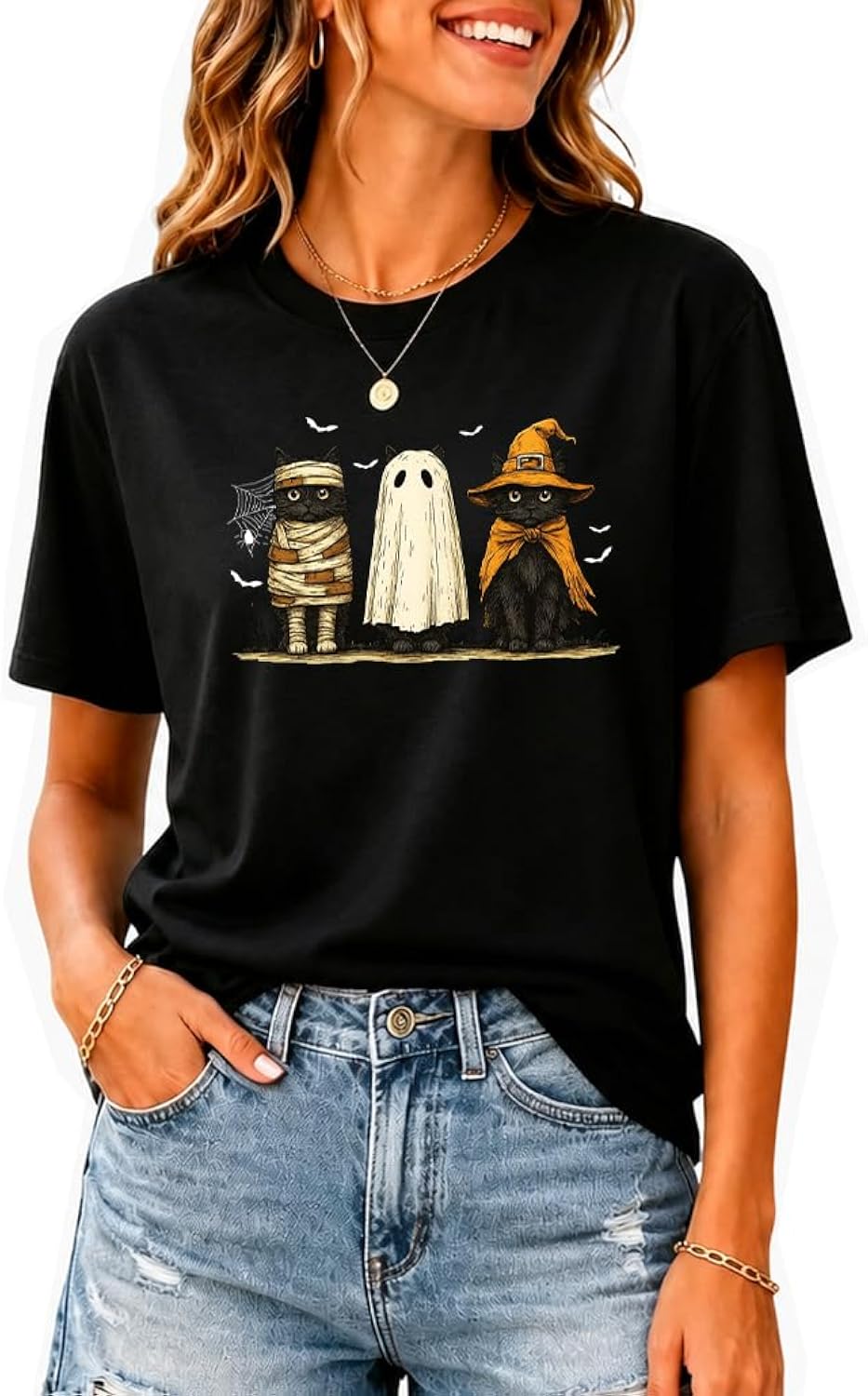 Halloween Ghost Cat Shirt Women Halloween Black Cat Shirt