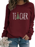 Women Teacher Christmas Tree Sweatshirt Xmas Long Sleeve Holiday Teacher Pullover Tops Lightweight Crewneck Cute
