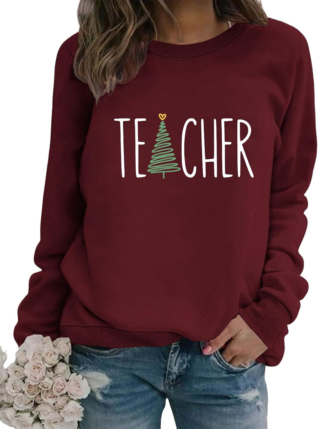 Women Teacher Christmas Tree Sweatshirt Xmas Long Sleeve Holiday Teacher Pullover Tops Lightweight Crewneck Cute