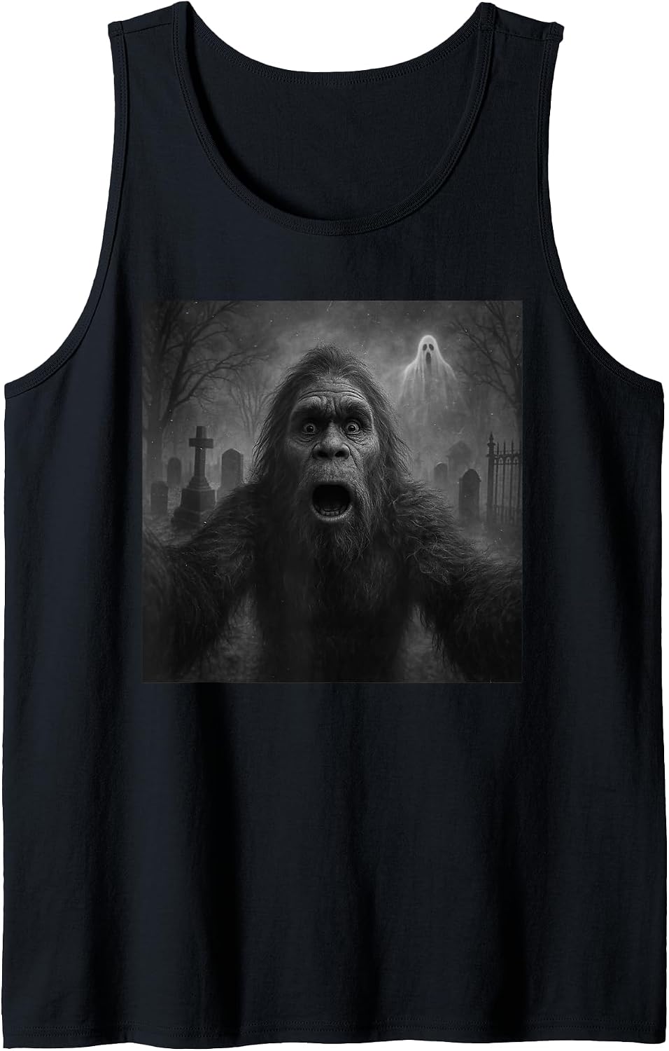 Funny Bigfoot Selfie with Ghost Scared Sasquatch Halloween Sleeveless Tank Top