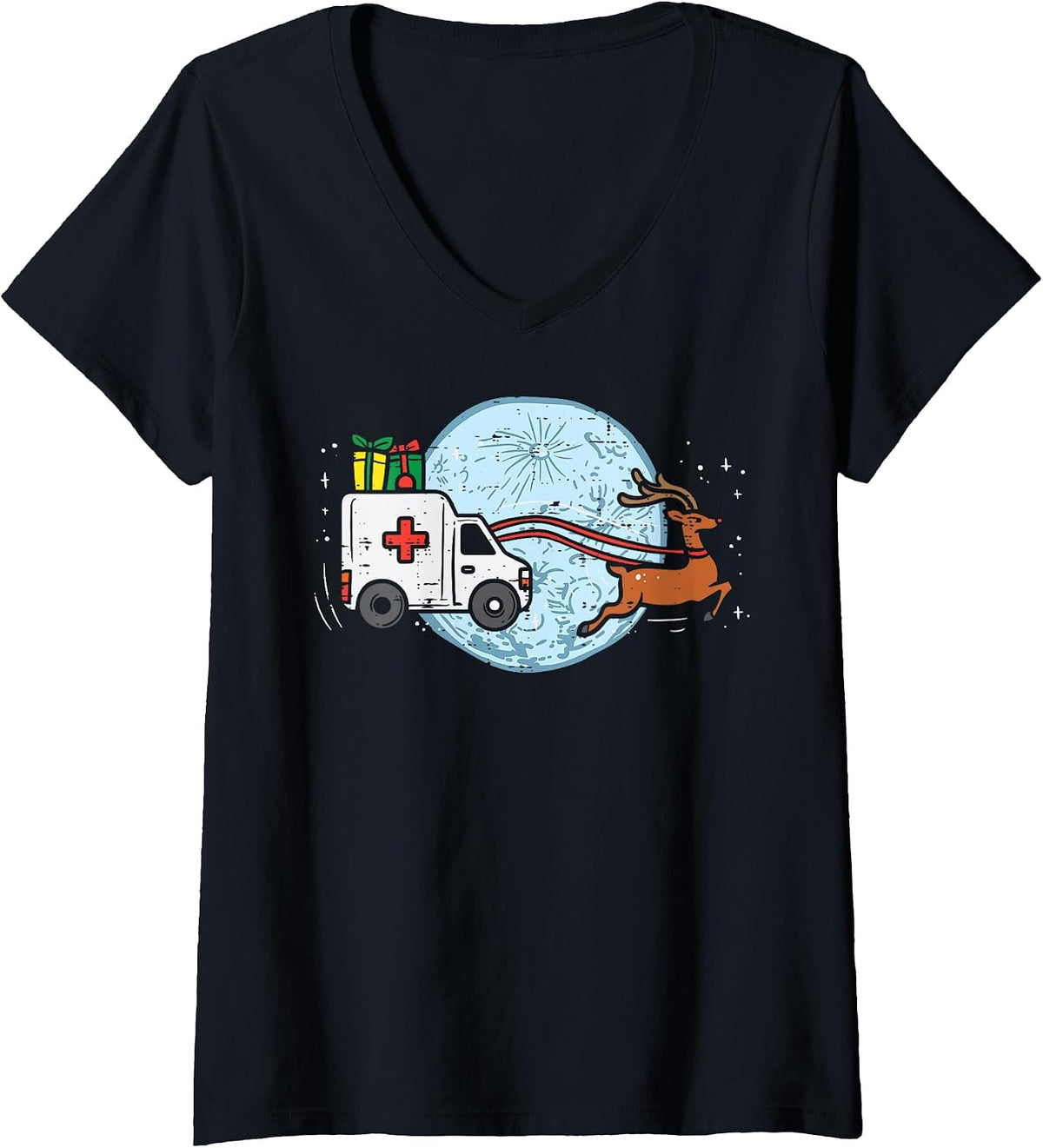 Women's Ambulance Reindeer Nurse Christmas Xmas Medical V-Neck T-Shirt