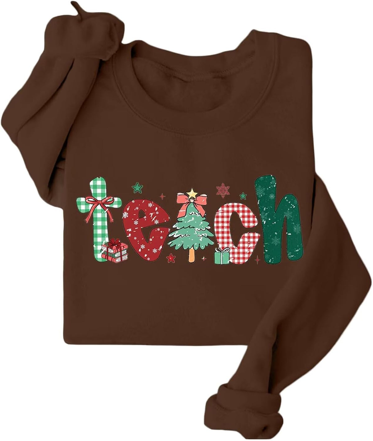 Christmas Teacher Fleece Sweatshirt Women Teach Graphic Long Sleeve Tees Shirts Xmas Tree Sweater School Holiday Tops