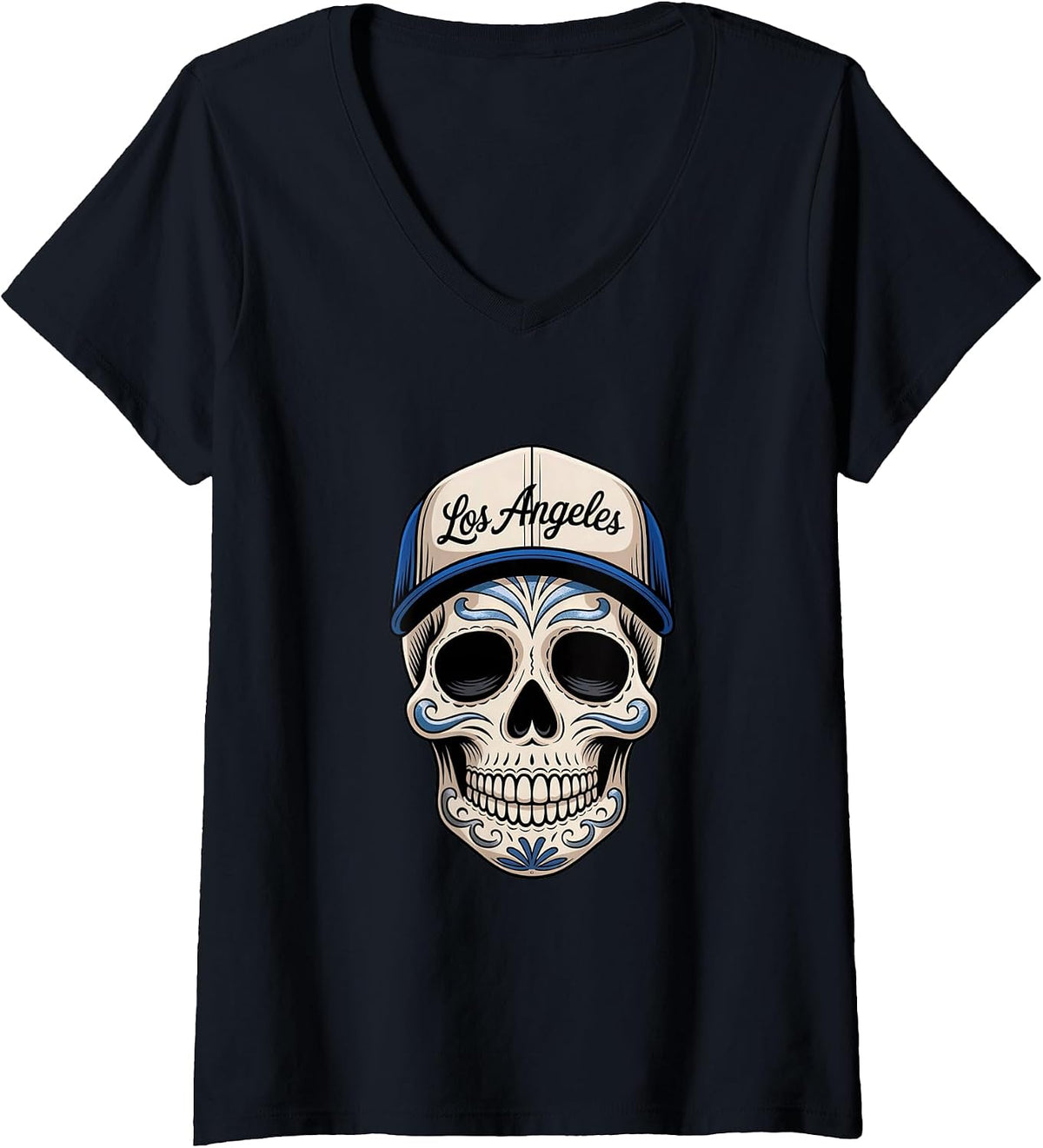Womens Los Angeles Mexican Sugar Skull Blue White Design V-Neck T-Shirt