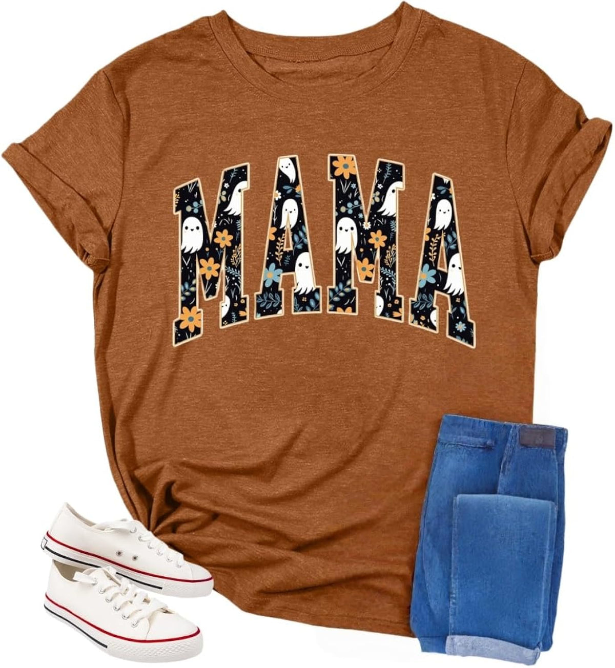 Halloween Mama Shirts Womens Pumpkin Shirt Skull Tshirts Casual Mom Letter Print Tees Cute Ghost Fall Pumpkin Tops