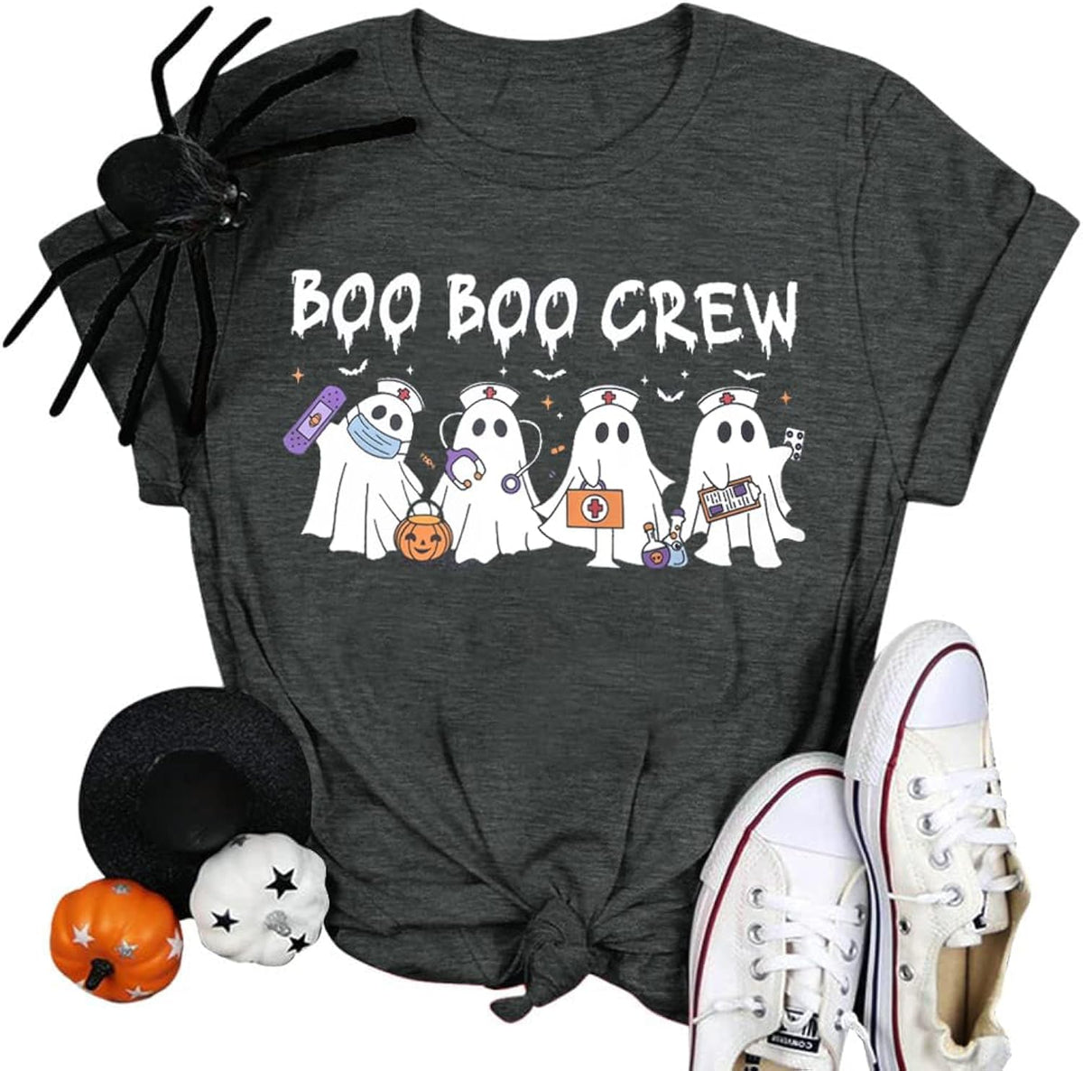 Halloween Nurse Shirts for Women Halloween Boo Boo Crew T-Shirt Funny Ghost Nurse Graphic Tee Tops
