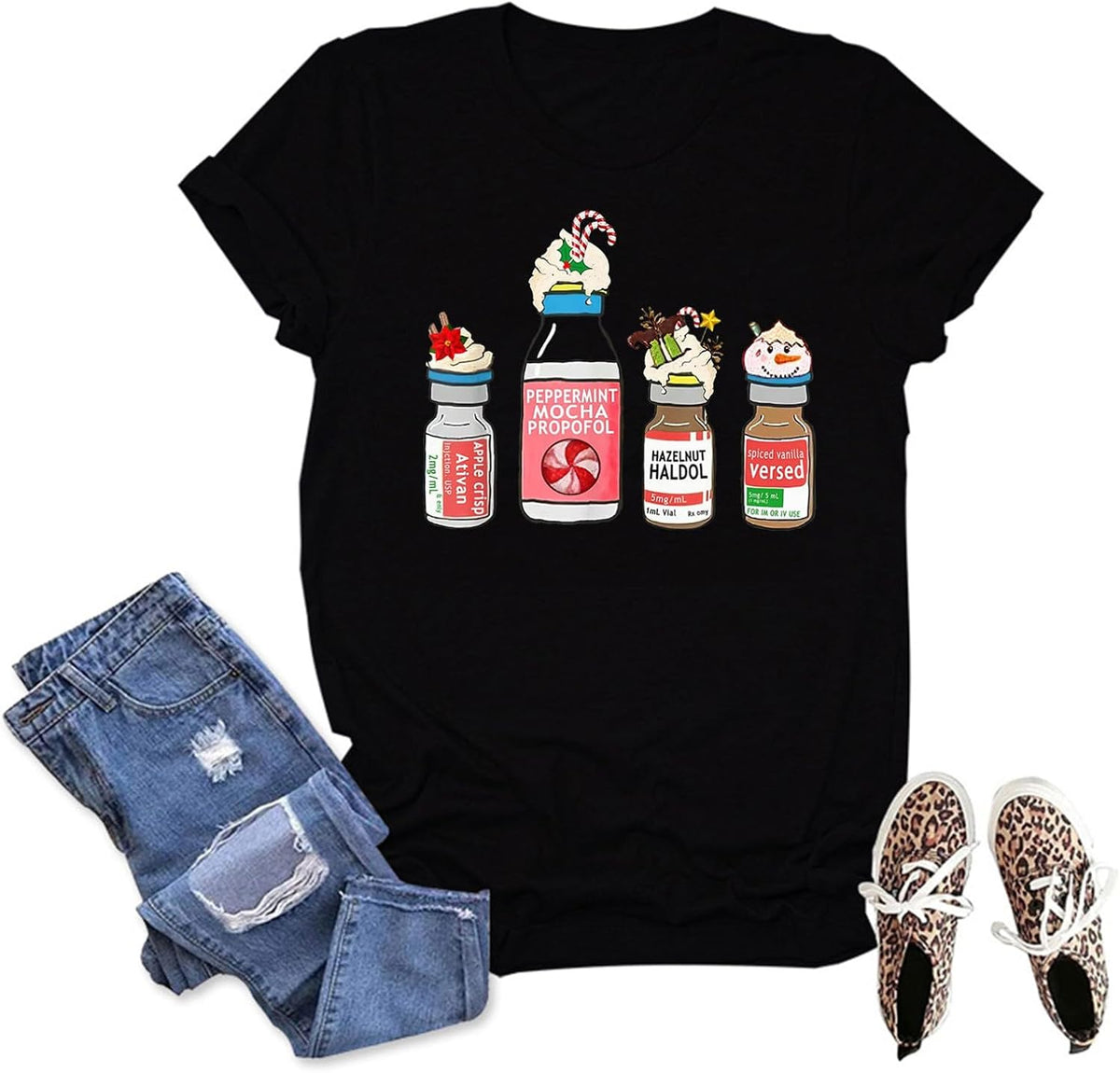 Women's Nurse Christmas Shirt Peppermint Mocha Propofol Casual T-Shirt Short Sleeve Tee Tops for ER ED NICU RN Nurse