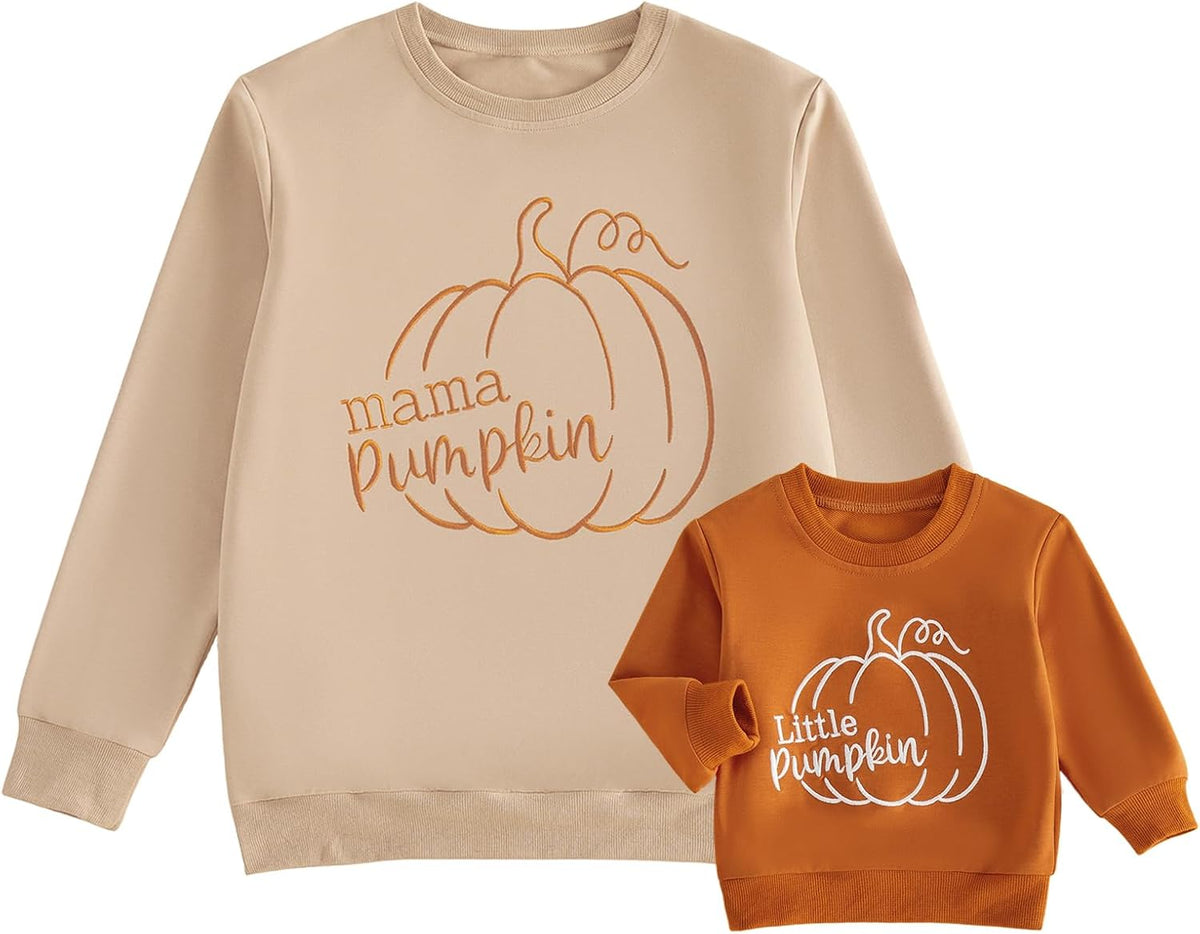 Mommy and Me Matching Pumpkin Embroidered Sweatshirt Fall Outfit