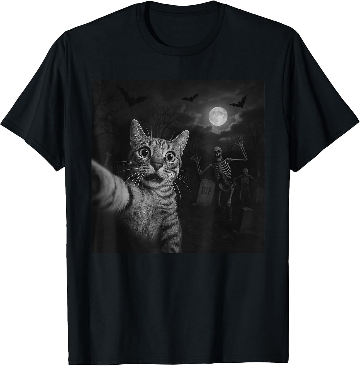 Funny Halloween Surprised Scared Cat Selfie Spooky Skeleton T-Shirt