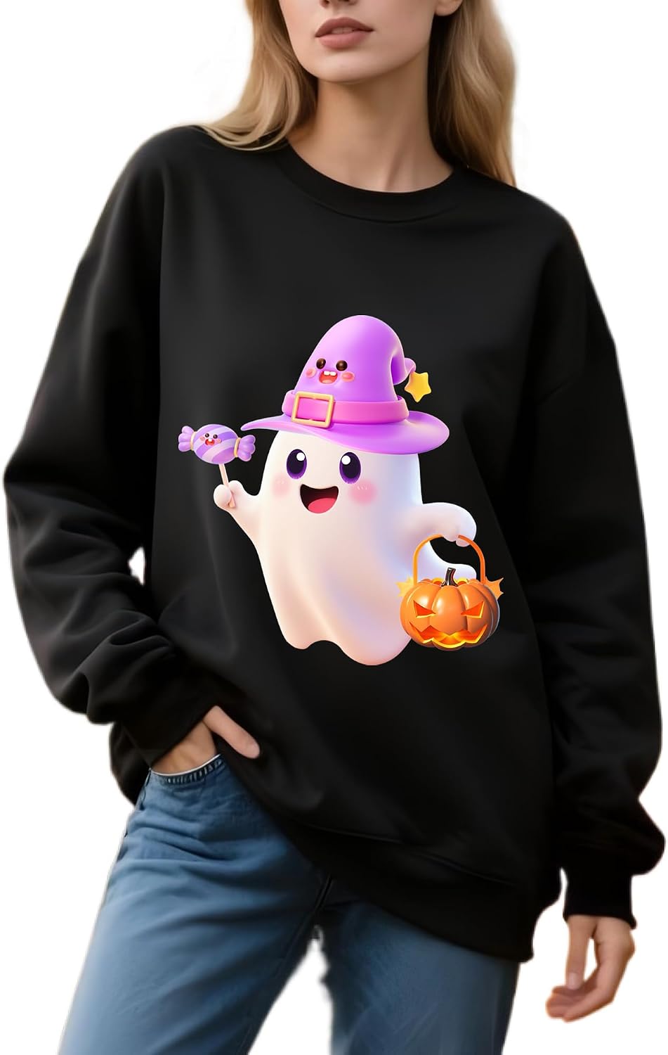 Halloween Sweatshirts for Women - Oversized Ghost Pumpkin Lantern Candy Pattern Round Neck Casual Long Sleeve