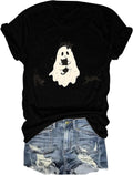 Halloween Spooky Season T-Shirt Women Black Cat Ghost Graphic Tees