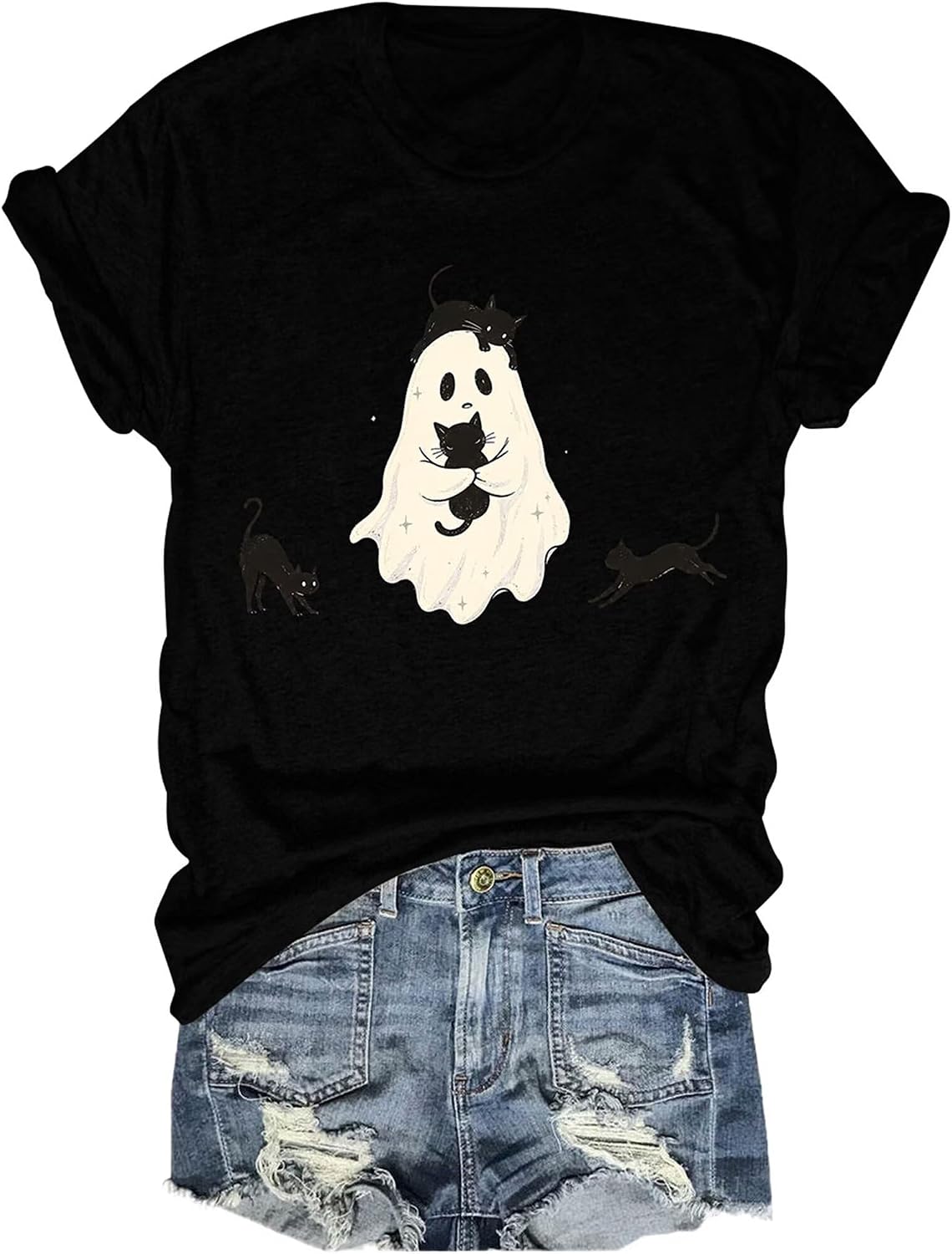 Halloween Spooky Season T-Shirt Women Black Cat Ghost Graphic Tees
