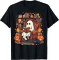 Halloween Ghost Reading Books Pumpkin Black Cat Library T-Shirt