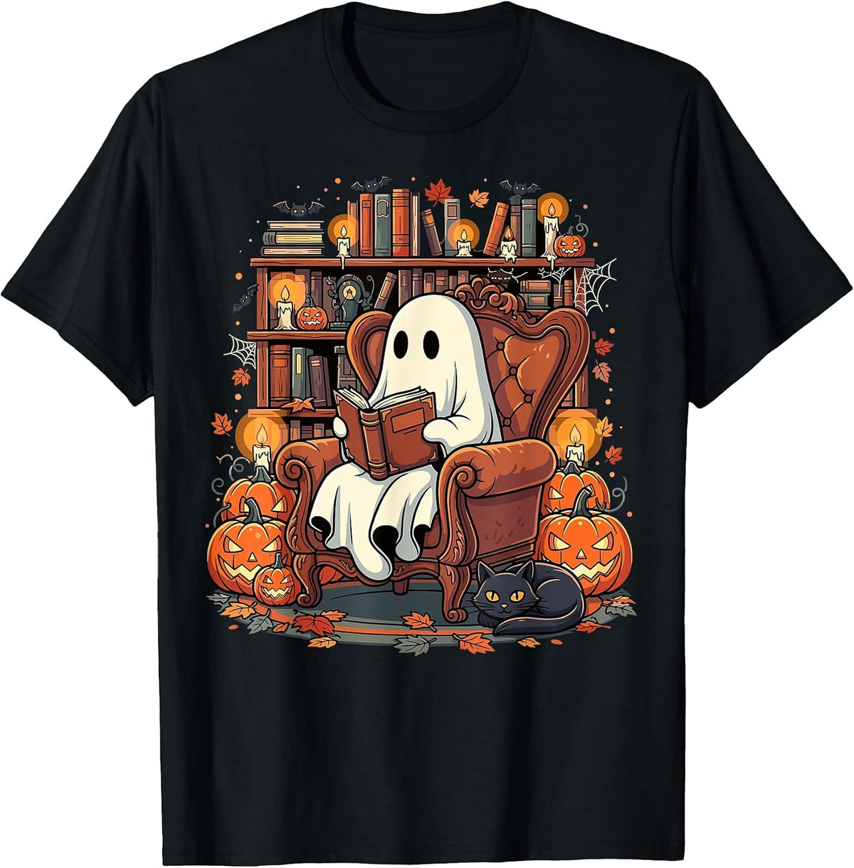Halloween Ghost Reading Books Pumpkin Black Cat Library T-Shirt