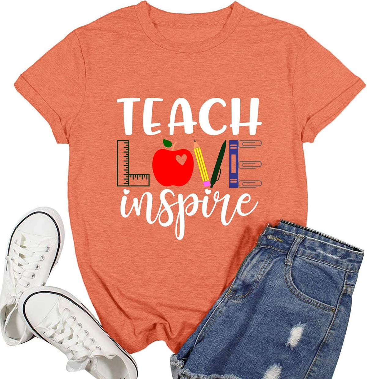 Womens Teacher Shirt Teach Love Inspire T-Shirt Teacher Life Tee Tops