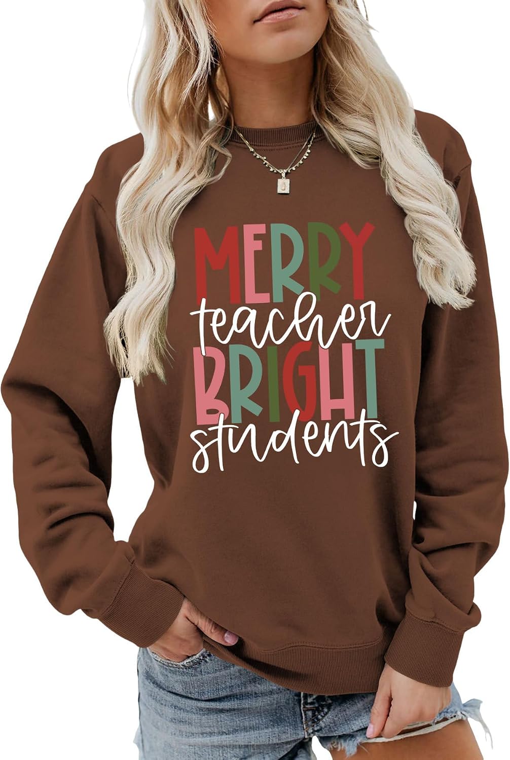 Classic Christmas Sweatshirt For Women Merry Bright Tops Teacher Students Blessing Long Sleeve Shirt Cute Pullover