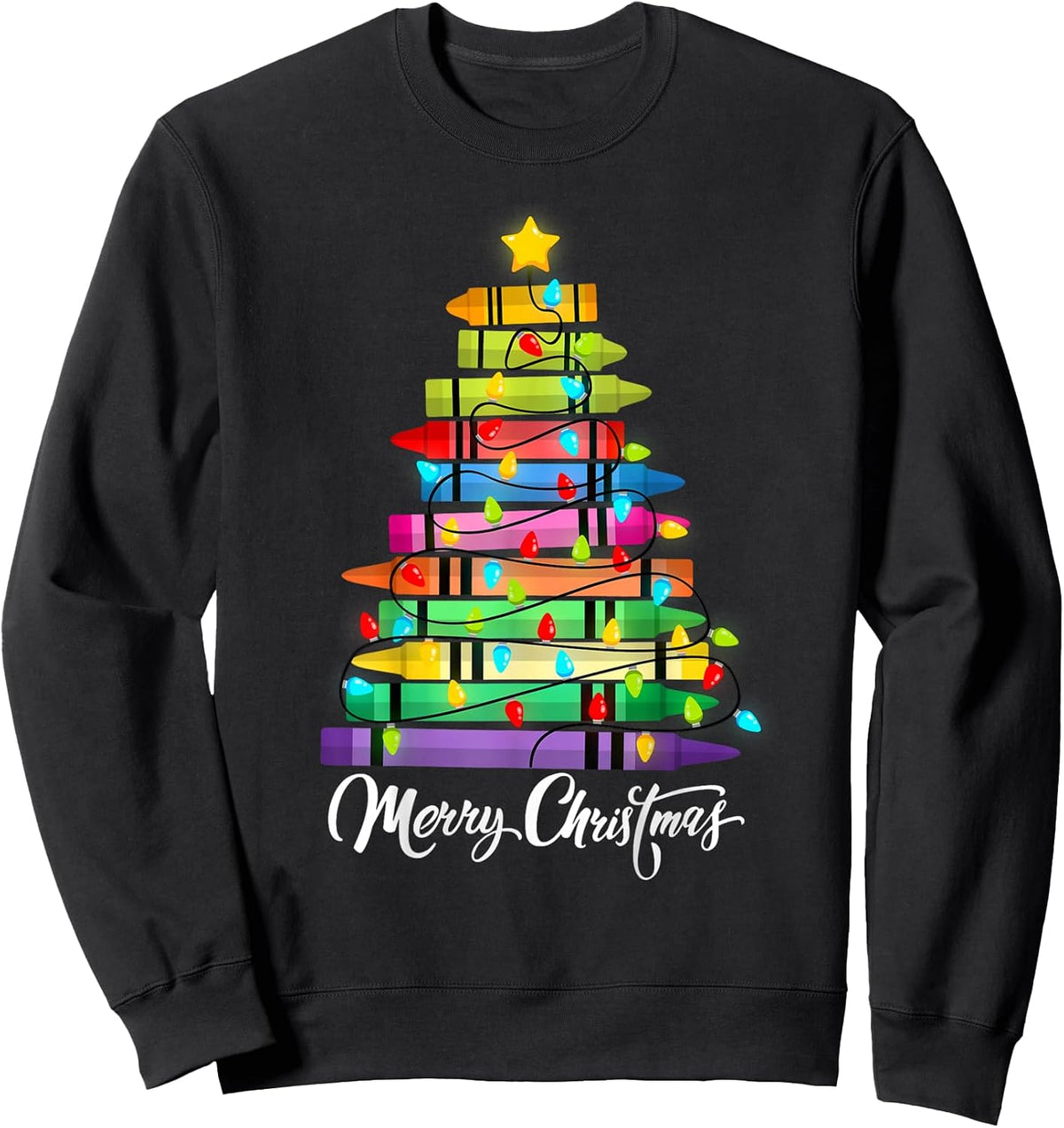 Teacher Crayon Merry Christmas Tree Lights School Xmas Sweatshirt