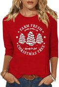 Merry Christmas Tree Crew Neck Shirt for Women Funny Xmas Graphic 3/4 Sleeve Tee Winter Holiday Family Party Matching Tops