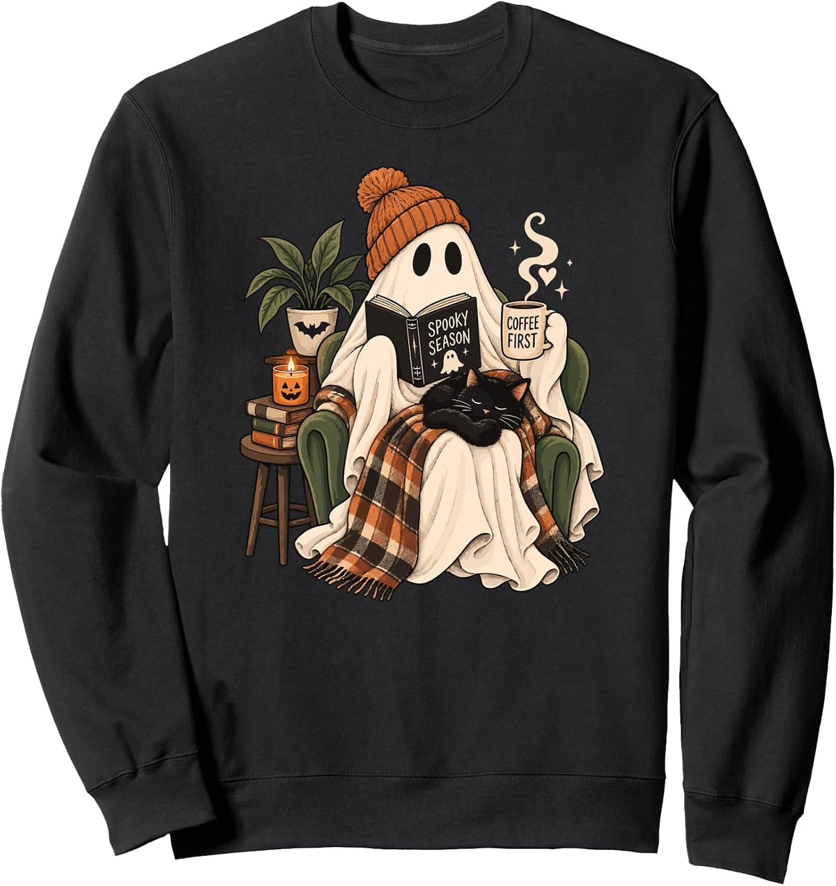 Cozy Ghost Book Coffee Black Cat Spooky Season Sweatshirt