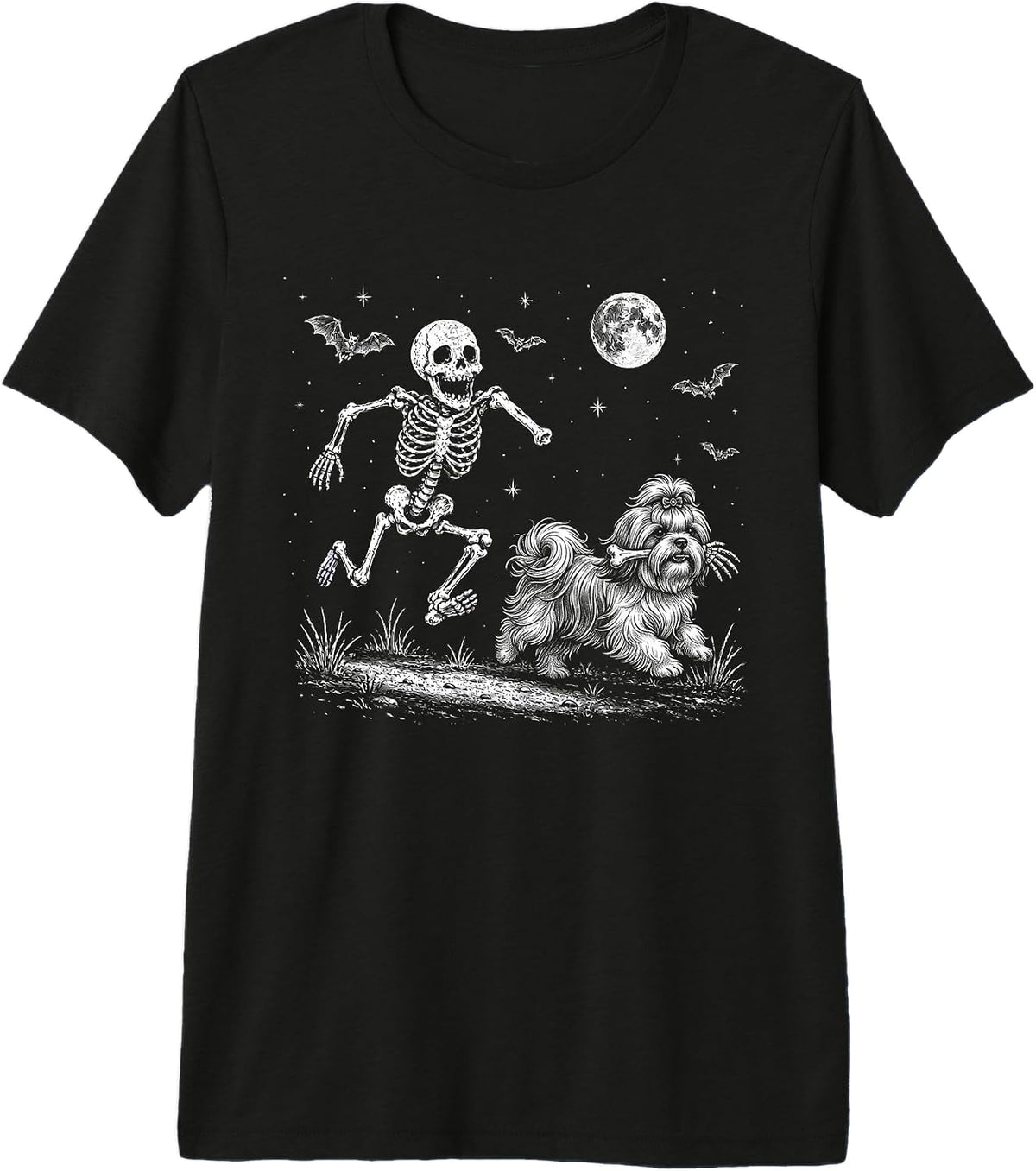 Funny Skeleton Chasing Shih Tzu Halloween Dog Mom Pet Lover Premium Tri-Blend T-Shirt